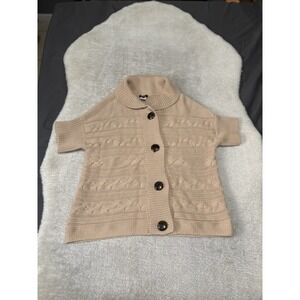 Talbots Womens Cotton Short Sleeve Beige Button Down‎ Cable Knit Cardigan Large